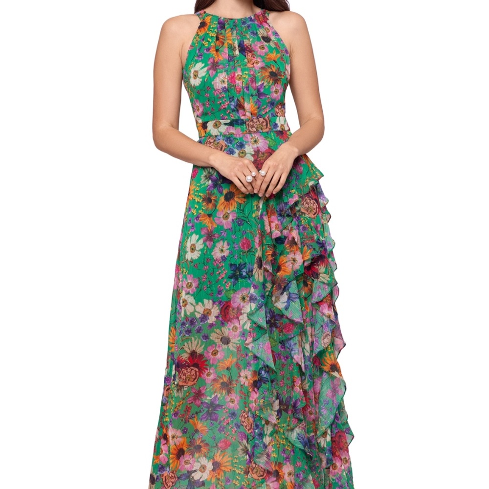 Halter Chiffon Print Ruffled Gown
